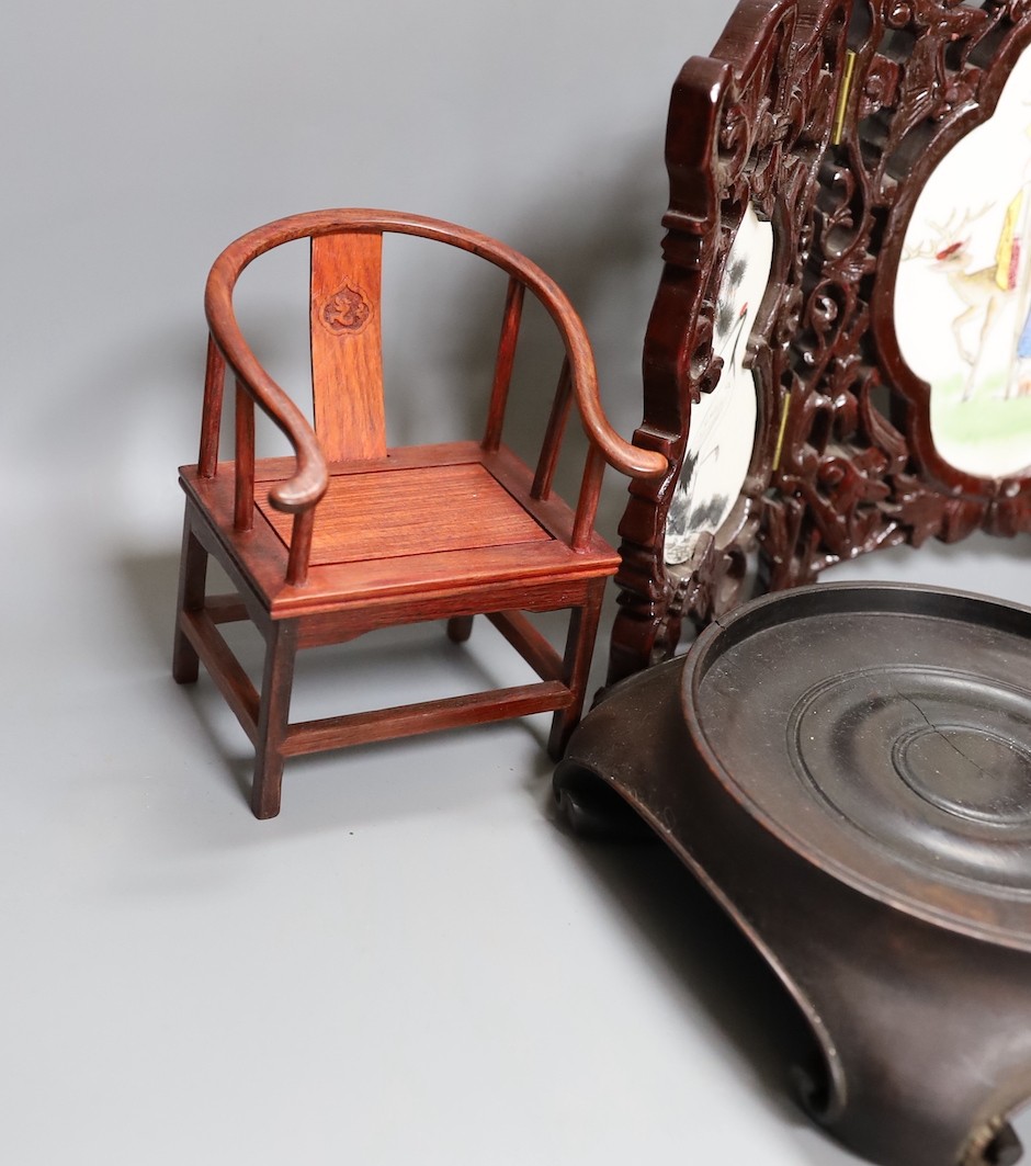 A group of Chinese wood stands, box, model chair, snuff bottle etc